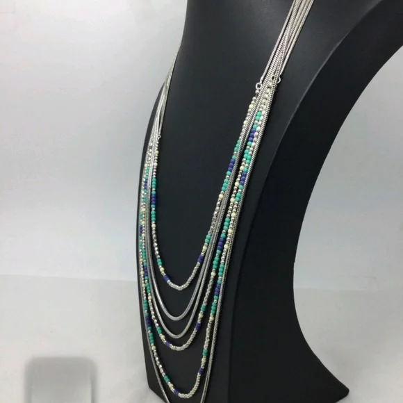 NWT Lucky Brand Blue Teal & White Beaded Multi Strand Necklace 32" - Picture 2 of 5